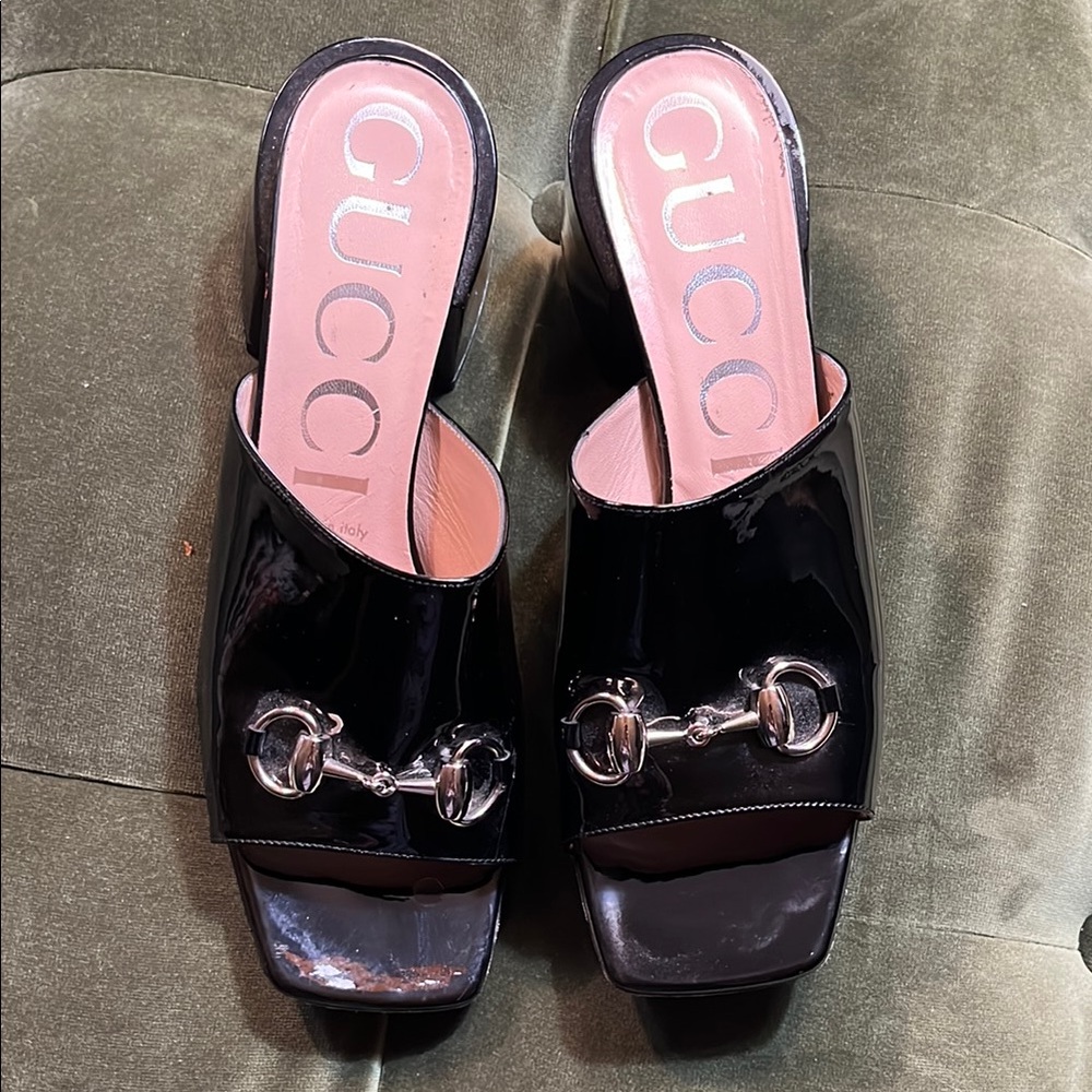 AUTH GUCCI HORSEBIT Black Patent Leather & silver Sandal, Mule, Slide SANDALS